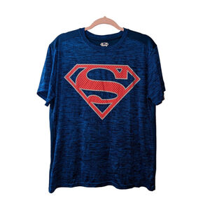 Superman Tshirt Mens Large Blue Red Logo Performance Gym Work-Out Shirt Relaxed
